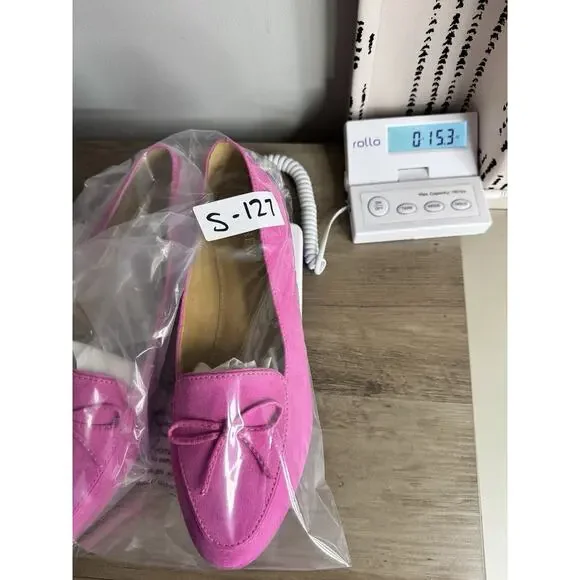 J Crew Ballet Flat Shoes Womens 9.5 Pink Bow Loafers Slip On Vegan Suede Preppy - Picture 13 of 13